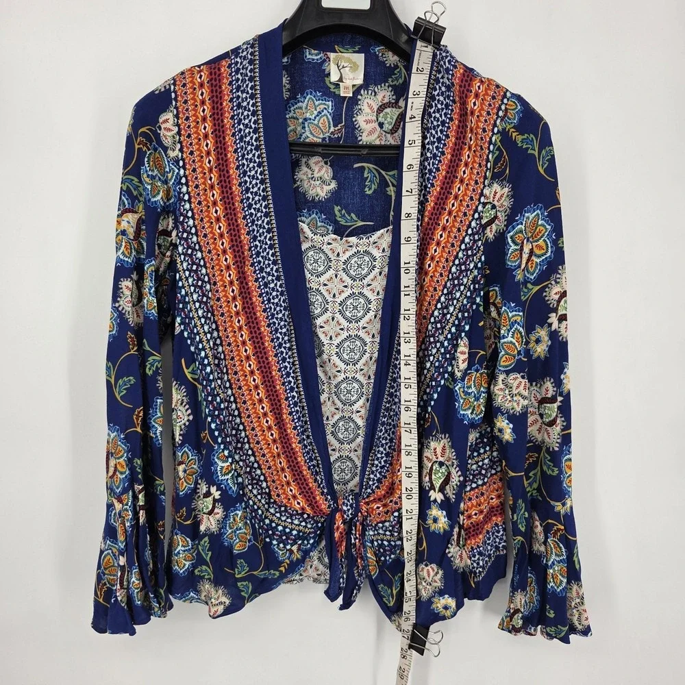 Fig‎ & Flower Womens Medium Sheer Paisley Floral Boho Peasant Tie Front Blouse
